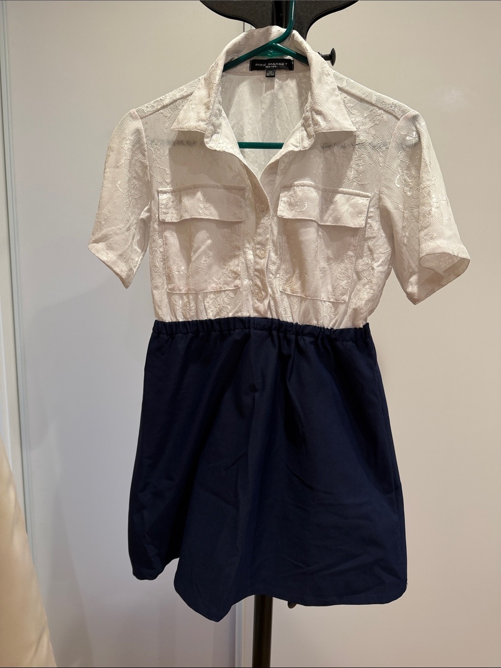 Pixie Market White Lace Top Navy Skirt Shirt Dress